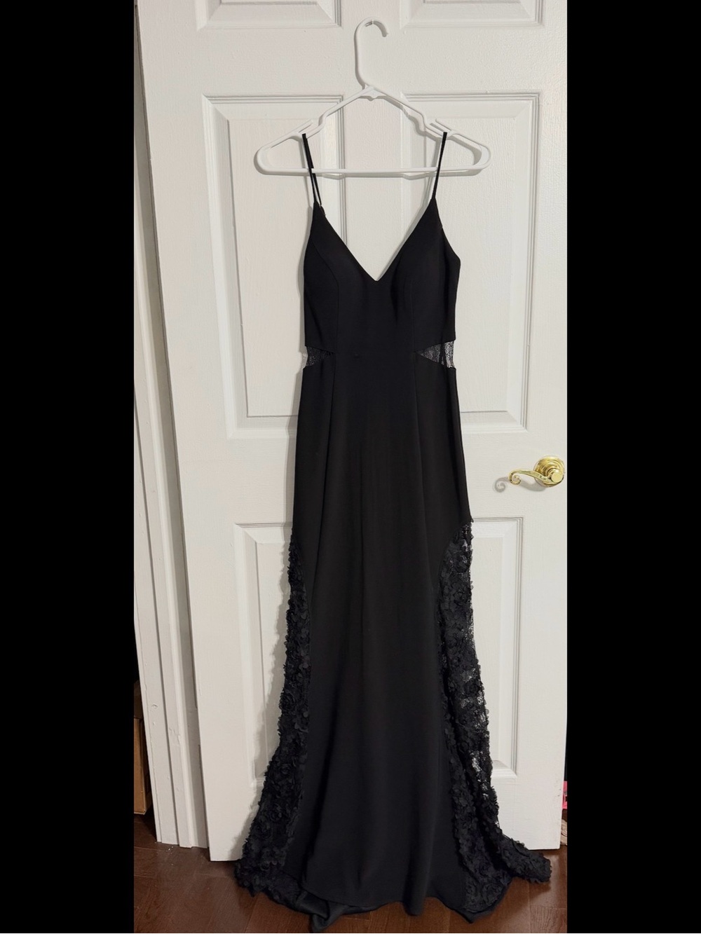Betsy & Adam Black Lace-Trim Spaghetti Strap Prom Gown